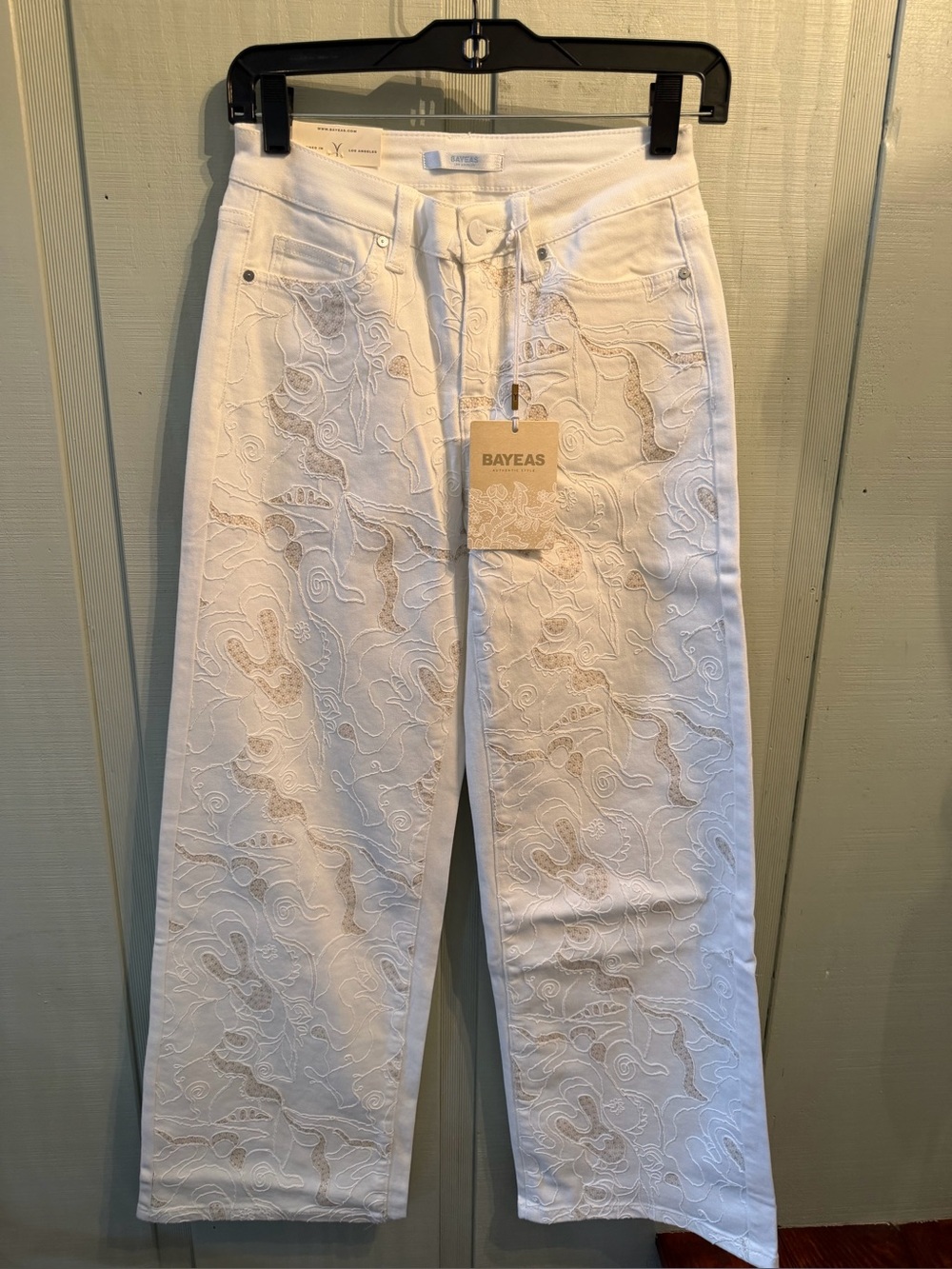 Bayaes Mid Rise Wide  Leg White Lace Embroidered Women's Jeans